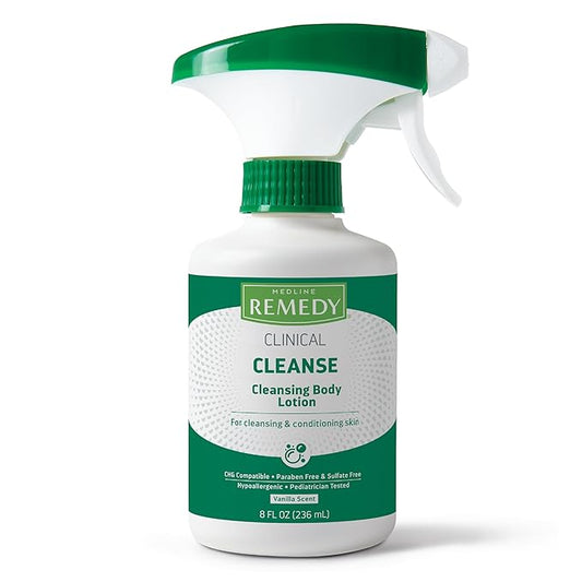 Medline Remedy Clinical Cleansing Body Lotion, 8 Oz Spray Bottle, Vanilla Scent, No-Rinse Bedside Cleanser, Incontinence Care, Moisturizing, Skin Conditioning, Nutrient Rich, Sulfate-Free, Men, Women