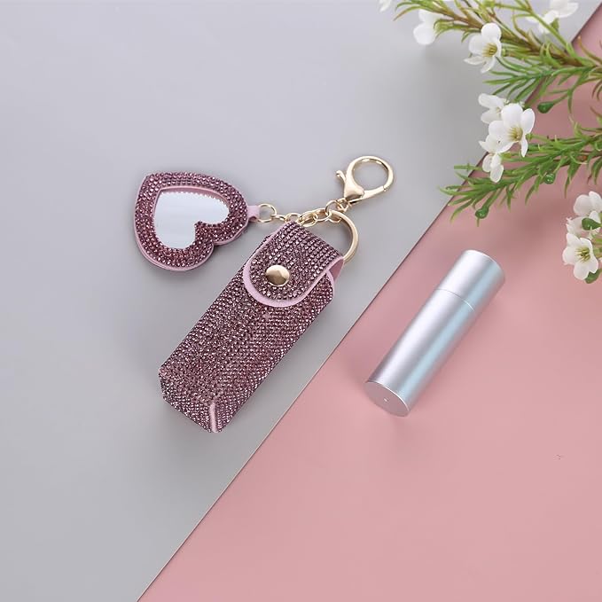 Rhinestones Lipstick Keychain Holder with mirror Chapstick Holde