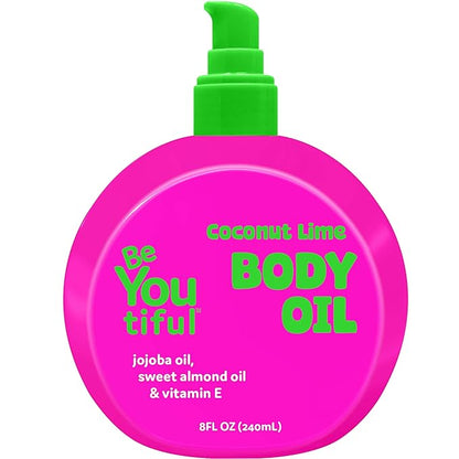 BeYoutiful Coconut Lime Body Oil for Kids & Teens, Hydrating Glow Oil for All Day Moisture with Jojoba & Sweet Almond, Soft, Smooth Skin, 8 oz