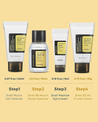 COSRX All About Snail Mucin Korean Skin Care Set, Mini Travel Essentials, Mothers Day Gifts for Mom, Travel Size Gift Set with Snail Mucin Face Wash, Serum, Moisturizer & Eye Cream, Rejuvenating Kit