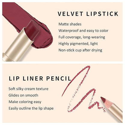 Boobeen 2 Pcs Lip Liner and Lipstick Set, Ultra-Long-Lasting