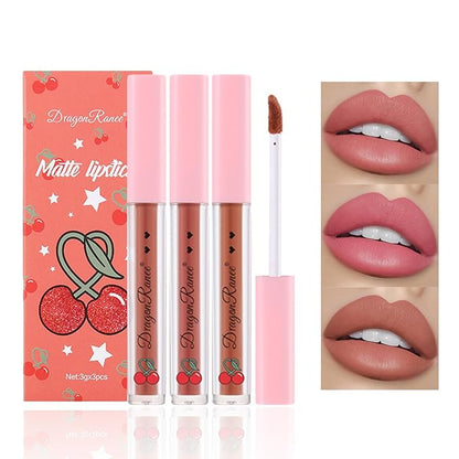 3PCS Matte Nude Lipstick Set Liquid Lipstick Lip Gloss Set,Matte Velvety Lip Stick High Pigmented Lip Tint Lip Stain Set for Daily Makeups - Set C