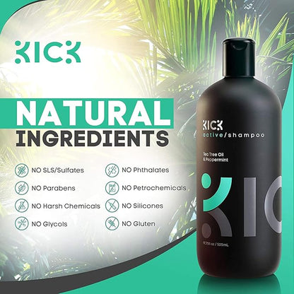Kick Mens Shampoo - Peppermint & Tea Tree for Oil Control - Sulfate-Free, Refreshing Formula - Anti-Dandruff and Scalp Soothing - Shampoo for Oily Hair - Cruelty-Free - 17oz