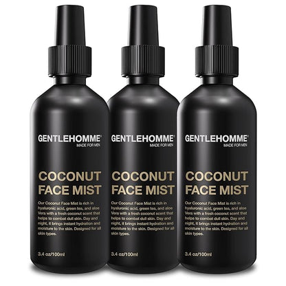Coconut Face Mist - Men’s Facial Spray - with Hyaluronic Acid, Aloe Vera & Green Tea - Refresh, Moisturize & Hydrate - Use Day & Night - Safe for All Skin Types - Vegan - 3.4oz - 3 Pack
