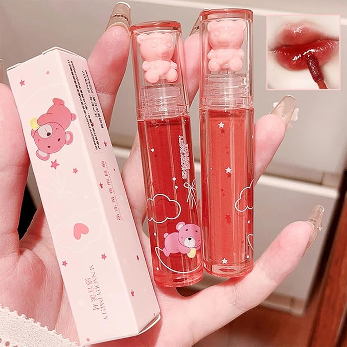 4Pcs Bear Lip Glaze Hydrating Jelly Lip Gloss,Jelly Glaze