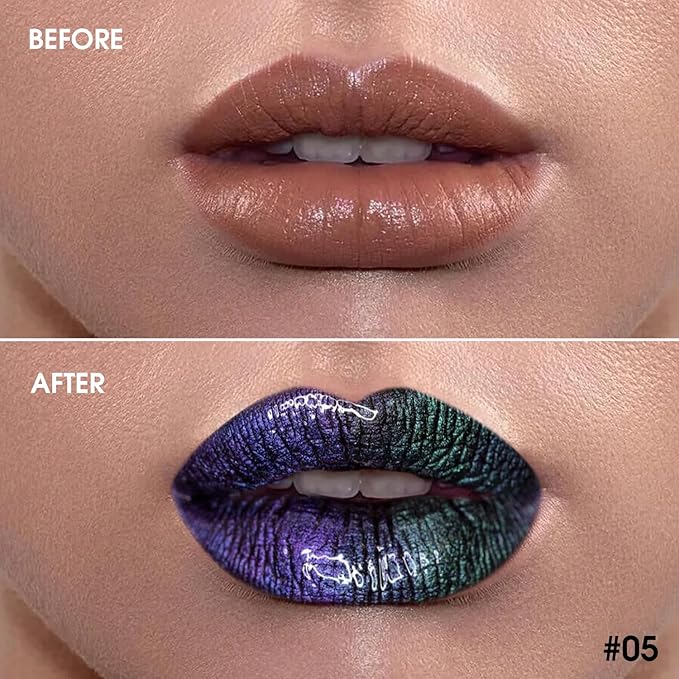 Chameleon Liquid Lipstick Blue Green Purple Color,Shimmer Metallic Colourful Lip Gloss for Women Girls Lips Makeup Gift,Hydrating Waterproof and Long Lasting Lip Stick Shiny,Talc-Free, 5