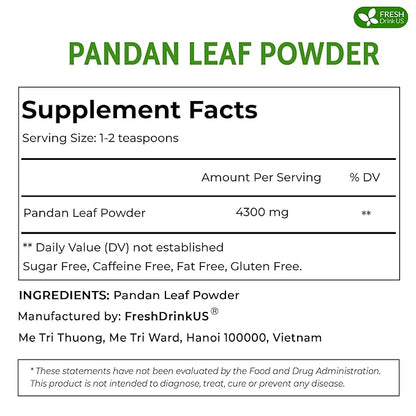 FreshDrinkUS, Premium 1.3oz Pandan Leaf Powder, 100% Natural and Pure from Pandan Dried Leaves, Emerald Pandan Powder, Green Food Coloring, No Additives, No Gluten, Vegan.
