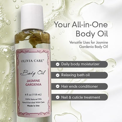 Olivia Care Jasmine Gardenia Body Oil Vegan & Natural Oil For Women | Hydrating & Moisturizing After Bath Oil - with VITAMIN E, K & Omega Fatty Acids Reduce Dry Skin - 4 OZ