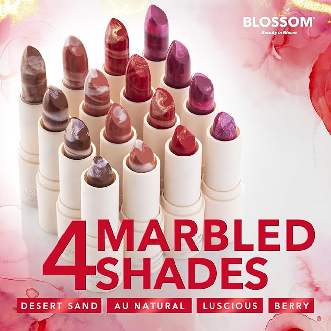 Blossom Marble Shimmer Lip Balm Moisturizing Lipstick with Shea Butter, Jojoba, Olive Oil, 0.12oz/3.5g, Luscious