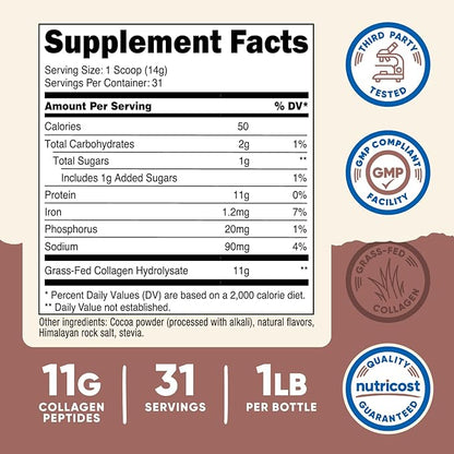 Nutricost Grass-Fed Collagen Powder 1LB (454 G) (Chocolate) - Grass Fed Bovine Collagen Hydrolysate - Collagen Peptides