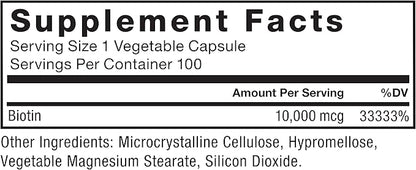 FORCE FACTOR Biotin 10000mcg, Biotin Supplement for Healthier Hair, Skin, and Nails, Hair Growth Supplement with Biotin Vitamins, Vegan Biotin, Non-GMO, 100 Vegetable Capsules