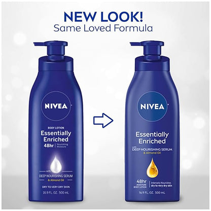 NIVEA Essentially Enriched Body Lotion for Dry Skin, Skin Care Gifts for Mom, 16.9 Fl Oz Pump Bottle, Pack of 2
