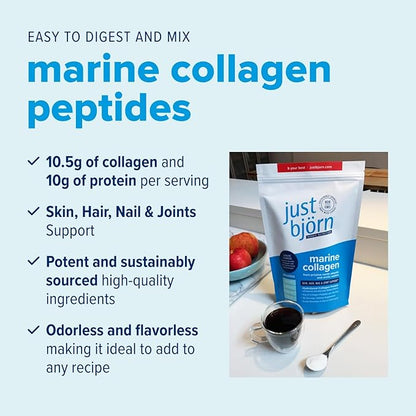 Just Bjorn Marine Collagen Peptides Powder for Women & Men - Skin, Hair, Nail and Joint Support - Hyaluronic Acid, Vitamin C, Amino Acids - Unflavored (45 Servings / 17.3 Ounce)