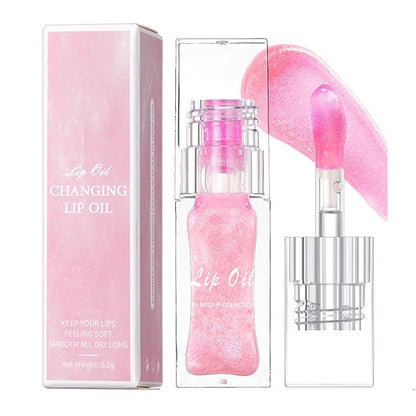 Color Changing Lip Oil PH，Warm Change Glitter Lip Gloss，Magic Big Brush Color Changing Lip Oil，Long Lasting Nourishing Lip Glow Oil Non-sticky Primer Lip Tint