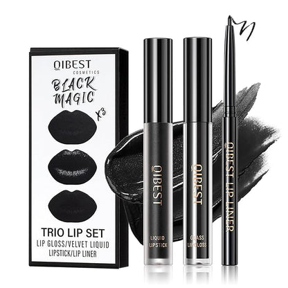 3Pcs Black Lip Liner And Lipstick Set Liquid Charming