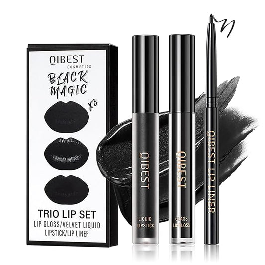 3Pcs Black Lip Liner And Lipstick Set Liquid Charming