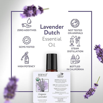 HBNO Organic Lavender Essential Oil Roll-On - 1/3 oz (10 ml) Travel Size - USDA Certified Organic Lavender and Mct Oils - Perfect for Traveling, Aromatherapy, Massage, perfumes, moisturizer