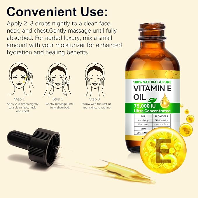 Vitamin E Oil, 75000 IU Ultra Concentrated, 100% Natural Body Oil Moisturizing Dry Skin, Pure Vitamin E Oil for Skin, Scars, Face, Hair, Nails, Hexane-Free, Non-GMO, 2 Fl Oz