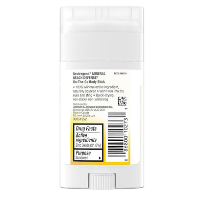 Neutrogena Purescreen+ Mineral Beach Defense On-The-Go Body Sunscreen Stick with Broad Spectrum SPF 50, Water Resistant UVA/UVB Protection, Absorbs Quickly & Dries Clear, 1.5 oz