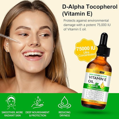 Vitamin E Oil 75,000 IU - Pure & Natural Skin & Hair Care - Moisturizing for Face, Body, Sars and Scalp - Non-GMO, Gluten-Free, Paraben-Free