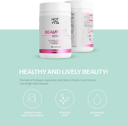 Hot Vita Beauty Supplement Pills – Anti-Aging Supplement Treatment for Hair Loss, Skin, and Nails with Collagen, Biotin, Magnesium, Vitamin C and Hyaluronic Acid
