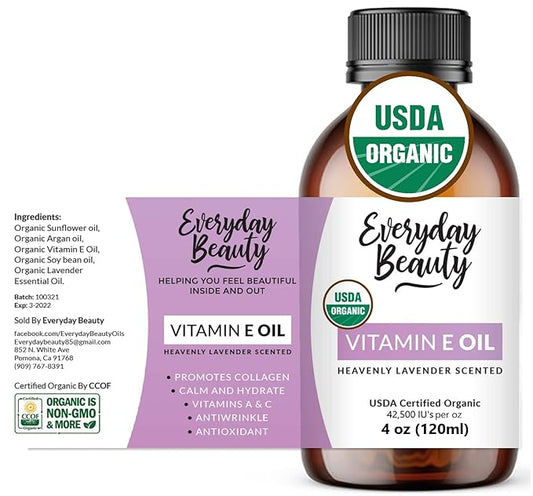 Organic Vitamin E Oil - Heavenly Lavender Scented USDA Certified 100% All Natural Plant Based 4oz - Lightweight and Great for Scars After Surgery - For Face, Skin and Nails