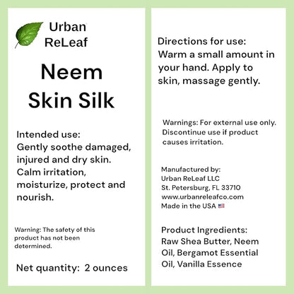 Urban ReLeaf Neem Skin Silk! Healing Salve. Repairs Dry Skin! Vegan. Ayurveda rejuvenate. Feed your skin... rub it in! Shea Butter & Neem Oil. Gently soothe damaged, injured, dry skin.