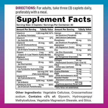 Vitamin World Hair, Skin and Nails Formula 240 caplets, Type I and III Collagen, 3000mcg Biotin, Antioxidant, Coated, Gluten Free