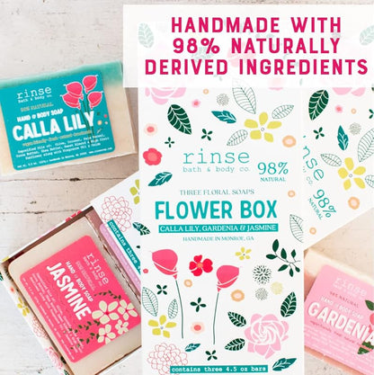 Rinse Bath & Body Flower Soap Set - Handmade Mother's Day Flower Soaps | Calla Lily, Gardenia & Jasmine Scented Soaps | Moisturizing & Cleansing | Shea & Cocoa Butter | 12.75oz