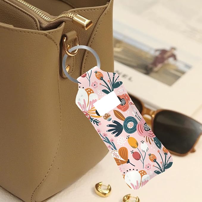 Pink Abstract Flowers Chapstick Holder Keychain, Portable Lip Gloss