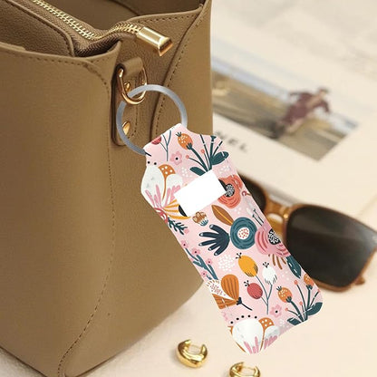 Pink Abstract Flowers Chapstick Holder Keychain, Portable Lip Gloss