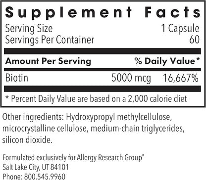 Allergy Research Group Biotin 5000 Supplement - 5000mcg Biotin, Vitamins for Hair, Skin and Nails, High Dose, Vegetarian Capsules, Hypoallergenic, Gluten Free - 60 Count