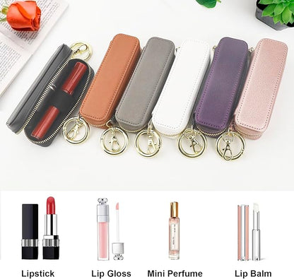 Bocasal Leather Lipstick Case Holder Chapstick Keychain Pouch, Zipper Lip Balm Lip Gloss Bag for Purse with Elastic Band, Makeup Travel Organizer, Cosmetic Storage Kit for Women Girls (Rose Gold)