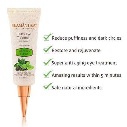Puffy Eye Treatment Instant results – Naturally Eliminate Wrinkles, Puffiness, Dark Circle and Bags in Minutes – Hydrating Eye Cream w/ Green Tea Extract, Dead Sea Minerals by SEAMANTIKA – .8 fl.oz.