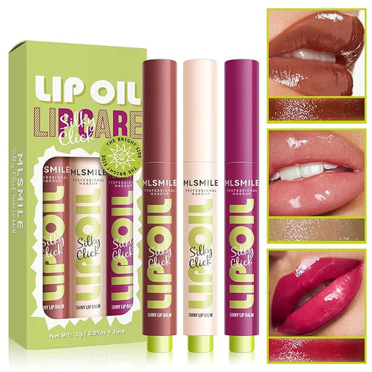 3 Colors Fat Lip Oil Slick Click Press Lipstick, Moisturizing Lip Balm Korean Shining Mirror Lip Gloss Nourishing Solid Lip Glaze, Plump Your Lips, High Pigmented Vegan Lip Oil Non-Sticky (B#)
