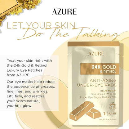 AZURE 24K Gold & Retinol Anti Aging Under Eye Patches - Firming, Restoring & Deeply Hydrating Eye Mask - Reduces Fine Lines, Wrinkles, Dark Circles & Puffiness - Skin Care Made in Korea - 10 Pairs
