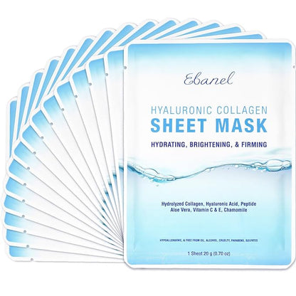 Ebanel 15 Pack Collagen Peptide Hydrating Face Masks, Instant Brightening Firming Anti Aging Face Sheet Masks, Moisturizing Spa Facial Mask Skincare with Hyaluronic Acid, Vitamin C, Chamomile, Aloe