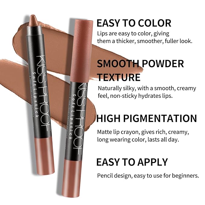 Boobeen Matte Lipstick Pencil Lip Crayon Stick Matte Velvet Lipgloss Creamy Lip Liner Full Coverage High Pigment Waterproof Non-Fade Lipstick for Women, Matte Lip Stain with Smooth Makeup