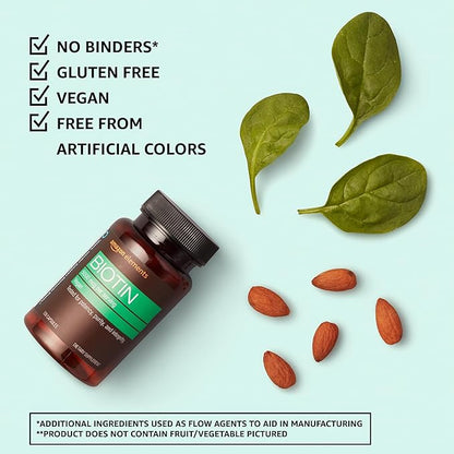 Amazon Elements - Biotin, 5000 mcg, Vegan, Helps maintain hair growth, healthy skin, and nails, 130 Capsules (4 month supply) (Packaging may vary)