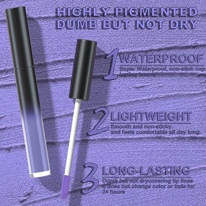 evpct 5Pcs Dark Light Blue Plum Purple Red Violet Matte Liquid Lipstick Lip Stain Sets for Women Matte+Lipstick Long Lasting 24 hr Hours Magic Lipstick 24 Hours original Waterproof Set02