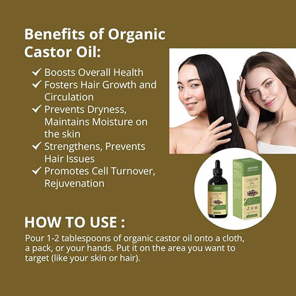 Organic Cold Pressed Castor Oil - Promotes Hair Growth, Scalp Health & Deep Moisturization - Pure & Natural Healing Properties - Versatile Use for Hair, Skin & Eyelash Growth | 4fl oz (120 ml)