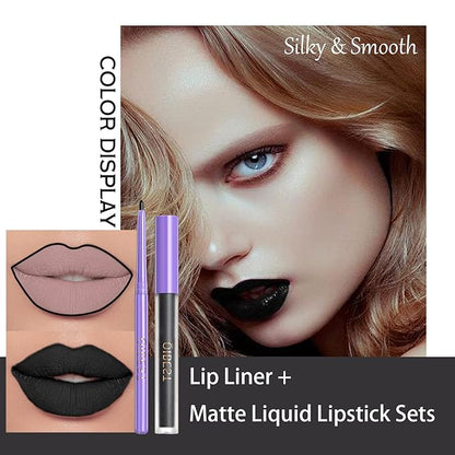 2 Pcs Halloween Dark Matte Liquid Lipstick + Lip Liner Pens Sets, 8 Colors High Pigmented Goth Sexy & Bold Lip Gloss, 24H Waterproof Long-lasting Matte Lipstick , Non-Stick Cup Velvety Lip Makeup for Women (01 Black)