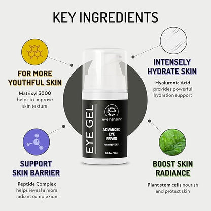 Eve Hansen Anti-Aging Eye Gel with Peptides | Under-Eye Cream With Plant Stem Cells, Hyaluronic Acid, Vitamin E | Cruelty-Free, Vegan, Made in USA .5 oz