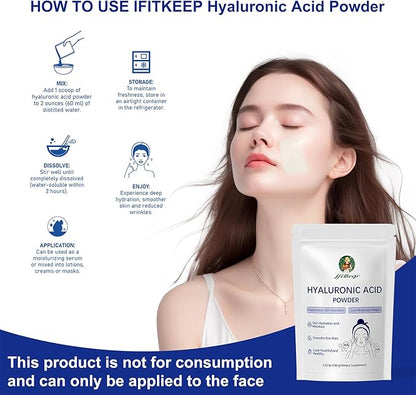 Hyaluronic Acid Powder,Low Molecular Weight,Not Edible Hyaluronic Acid Powder for Skin Care,Vegan Cosmetic Grade,Water-Soluble HA for DIY Face Serum & Anti-Aging Skincare (1)