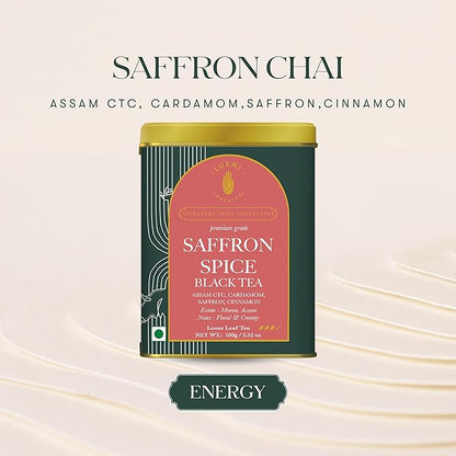 Luxmi Estates Saffron Chai | 100 gm | Signature India collection | Assam CTC Tea | Black tea collection | Saffron chai Organic Strong tea | Antioxidants | Assam Valley tea | Kashmiri Saffron, Cinnamon, Natural Cardamom Extract