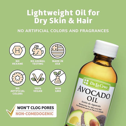 De La Cruz Avocado Oil - Expeller Pressed Pure 100% Avocado Oil for Hair and Body - Lightweight Body Oil for Dry Skin 2 FL. OZ