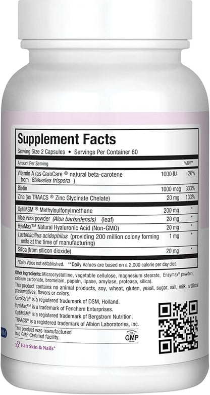 Hair Skin and Nails Vitamins for Women and Men with Hyaluronic Acid, Biotin, Vitamin A, Probiotics - Hair Vitamins for Hair Loss - Hair Growth Vitamins Supplement to Support Body Collagen, 60 Capsules