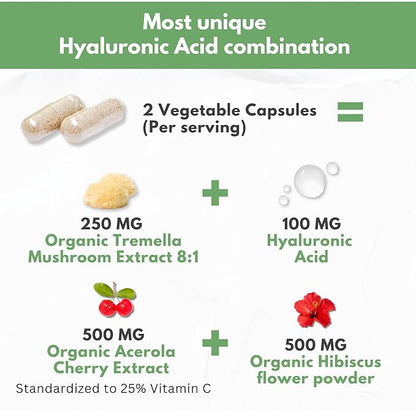 Natural Hyaluronic Acid Supplement 5X Stronger Hydration Pills from Pure Tremella Mushroom with Vitamin C & Hibiscus - Skin Supplement Anti Wrinkle Dietary Capsules - hair nails vitamins