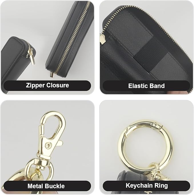 Bocasal Leather Lipstick Case Holder Chapstick Keychain Pouch, Zipper Lip Balm Lip Gloss Bag for Purse with Key Chain Elastic Band, Makeup Travel Organizer Cosmetic Storage Kit for Women Girls (Black)