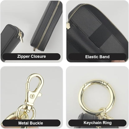 Bocasal Leather Lipstick Case Holder Chapstick Keychain Pouch, Zipper Lip Balm Lip Gloss Bag for Purse with Key Chain Elastic Band, Makeup Travel Organizer Cosmetic Storage Kit for Women Girls (Black)